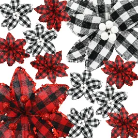 12 Pieces Buffalo Plaid Poinsettias Christmas Tree Ornaments, 7.1 Inch Wide Ar