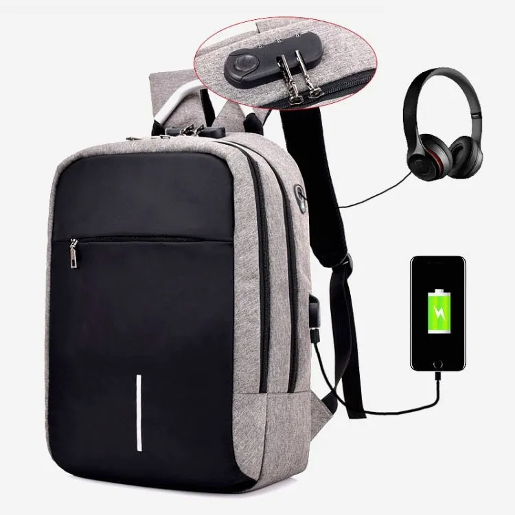 16 inch Men Password Lock Backpack Business Casual Anti-Theft Computer Bag With External USB Port(Light Gray)