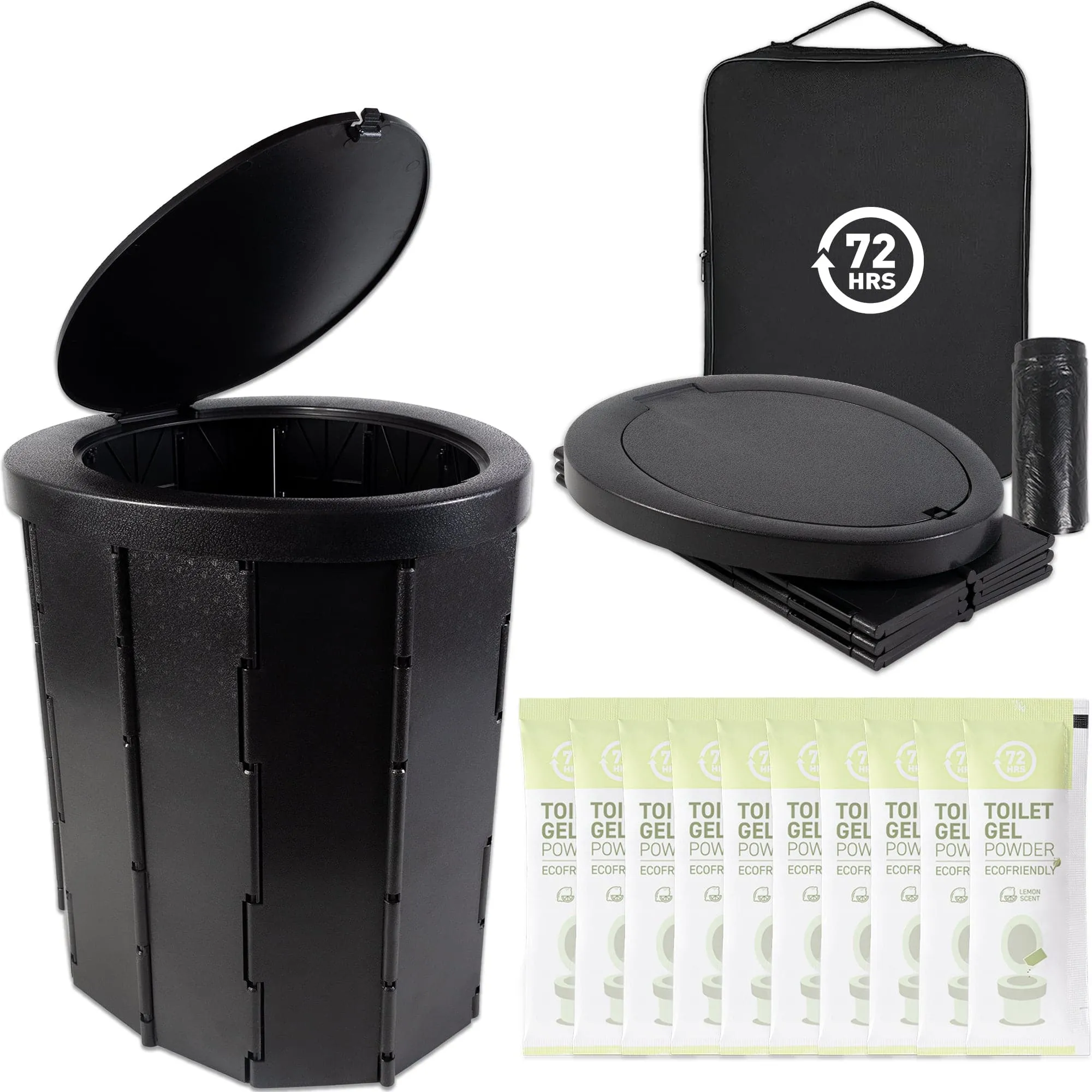 72HRS Collapsible Portable Toilet With Bucket (Including 12 Toilet Bags and 10 Toilet Powder)