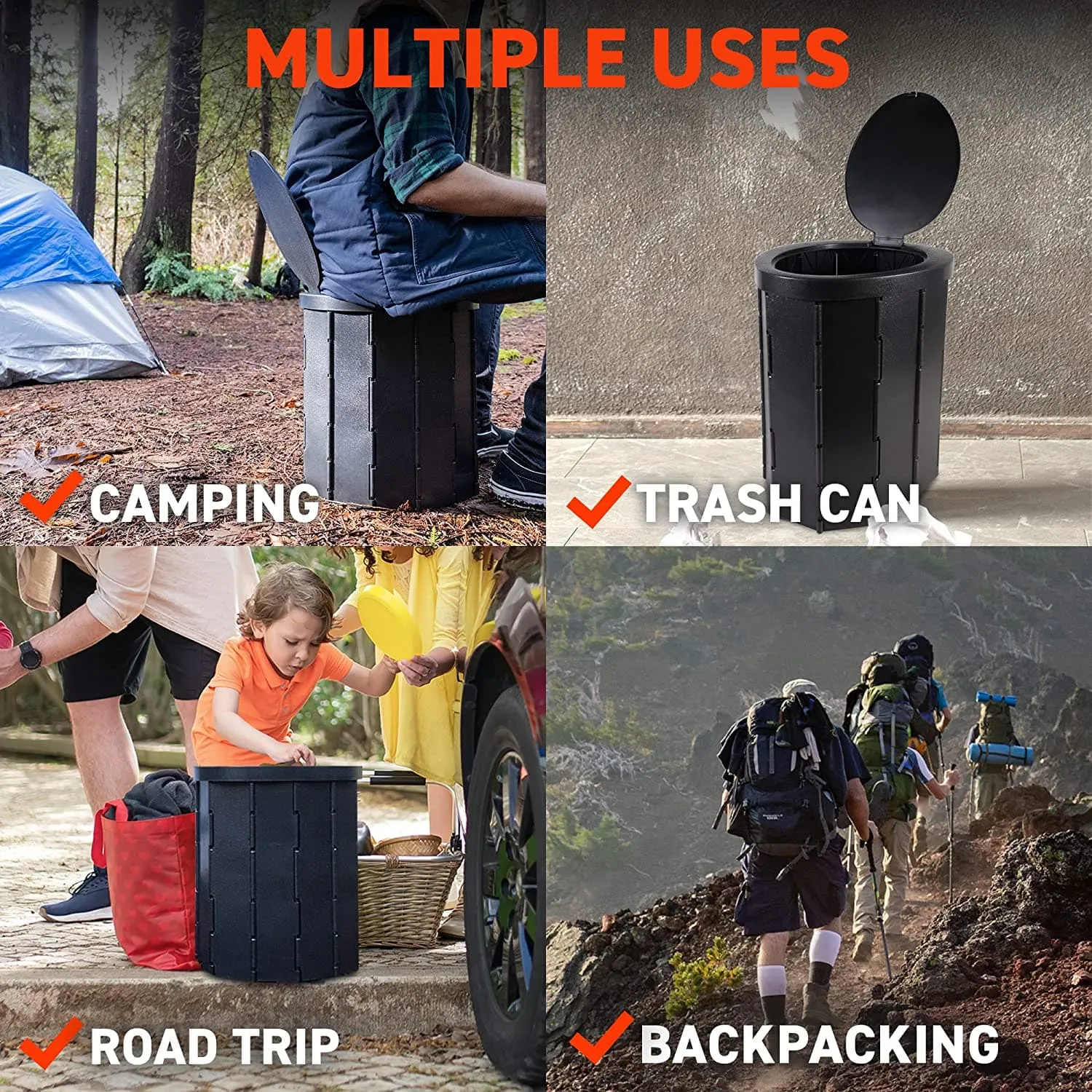 72HRS Collapsible Portable Toilet With Bucket (Including 12 Toilet Bags and 10 Toilet Powder)