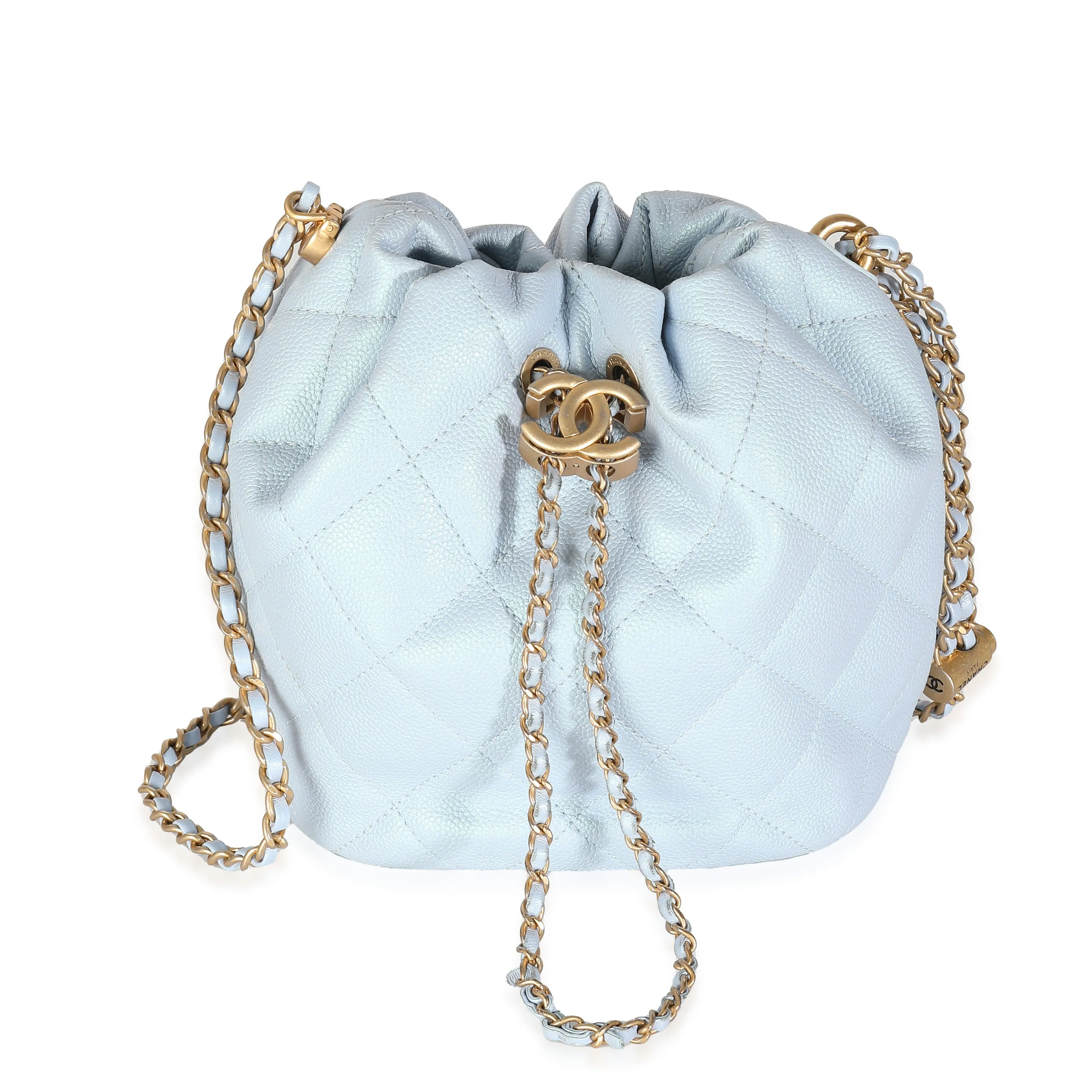 CHANEL Light Blue Iridescent Quilted Caviar My Perfect CC Drawstring Bucket Bag