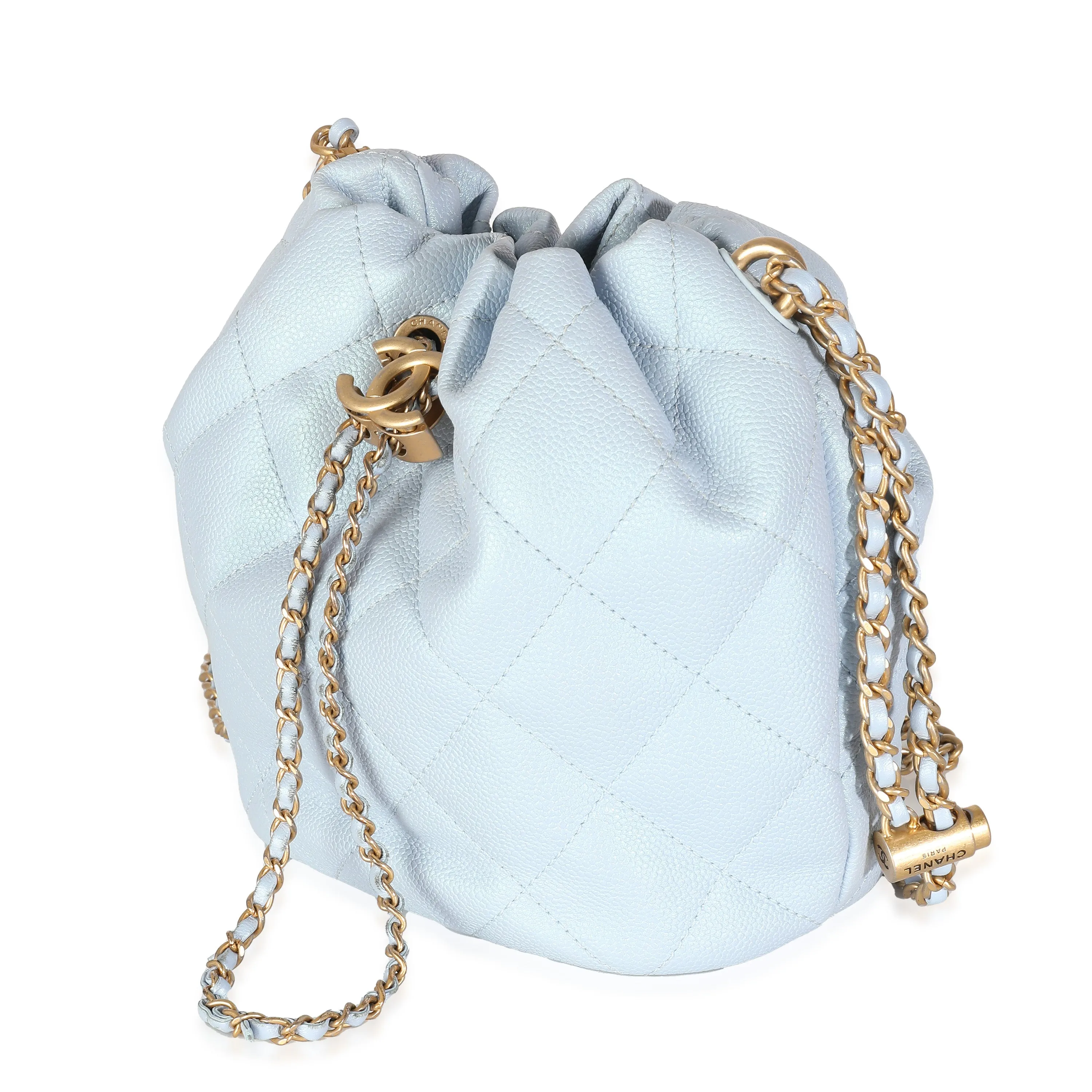 CHANEL Light Blue Iridescent Quilted Caviar My Perfect CC Drawstring Bucket Bag