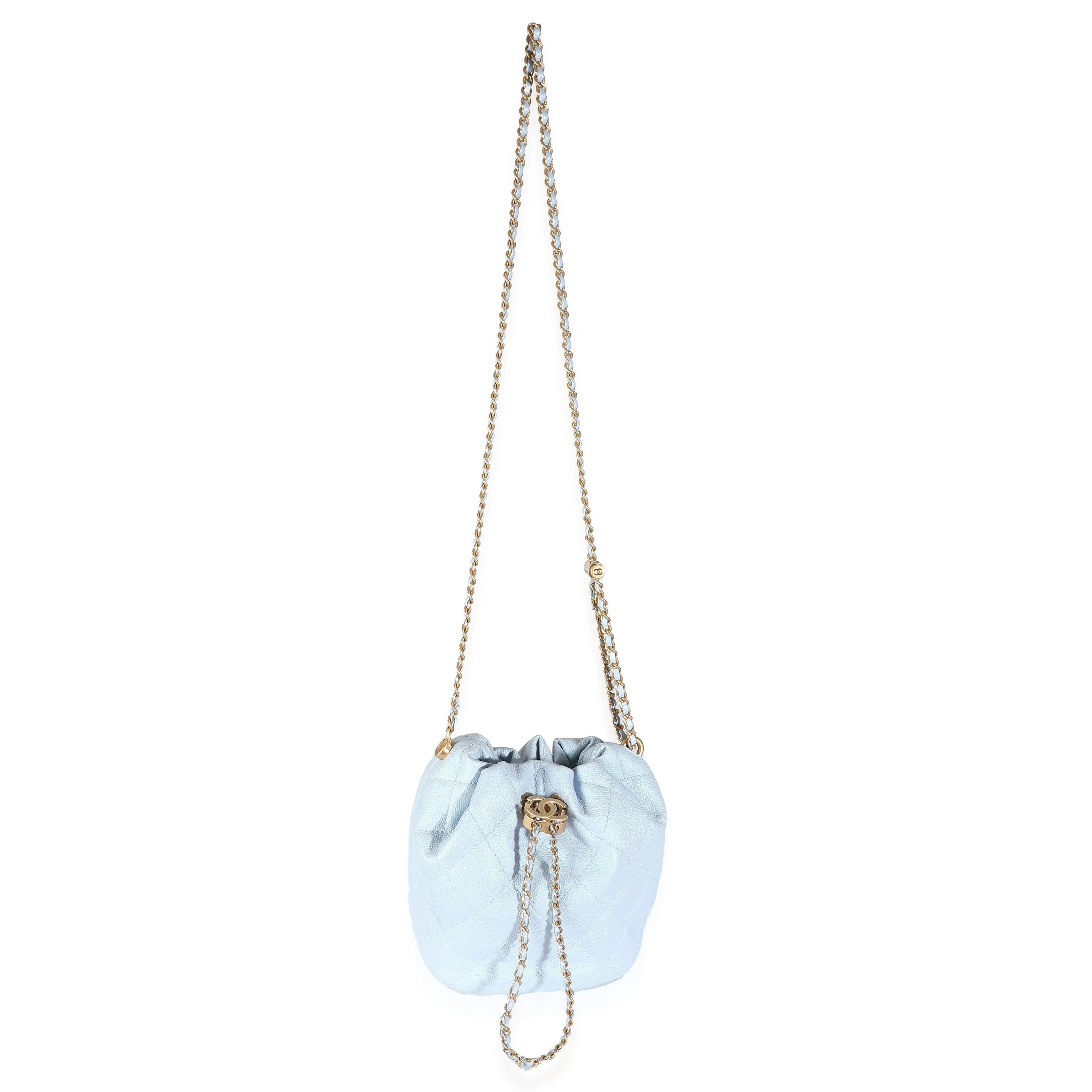 CHANEL Light Blue Iridescent Quilted Caviar My Perfect CC Drawstring Bucket Bag