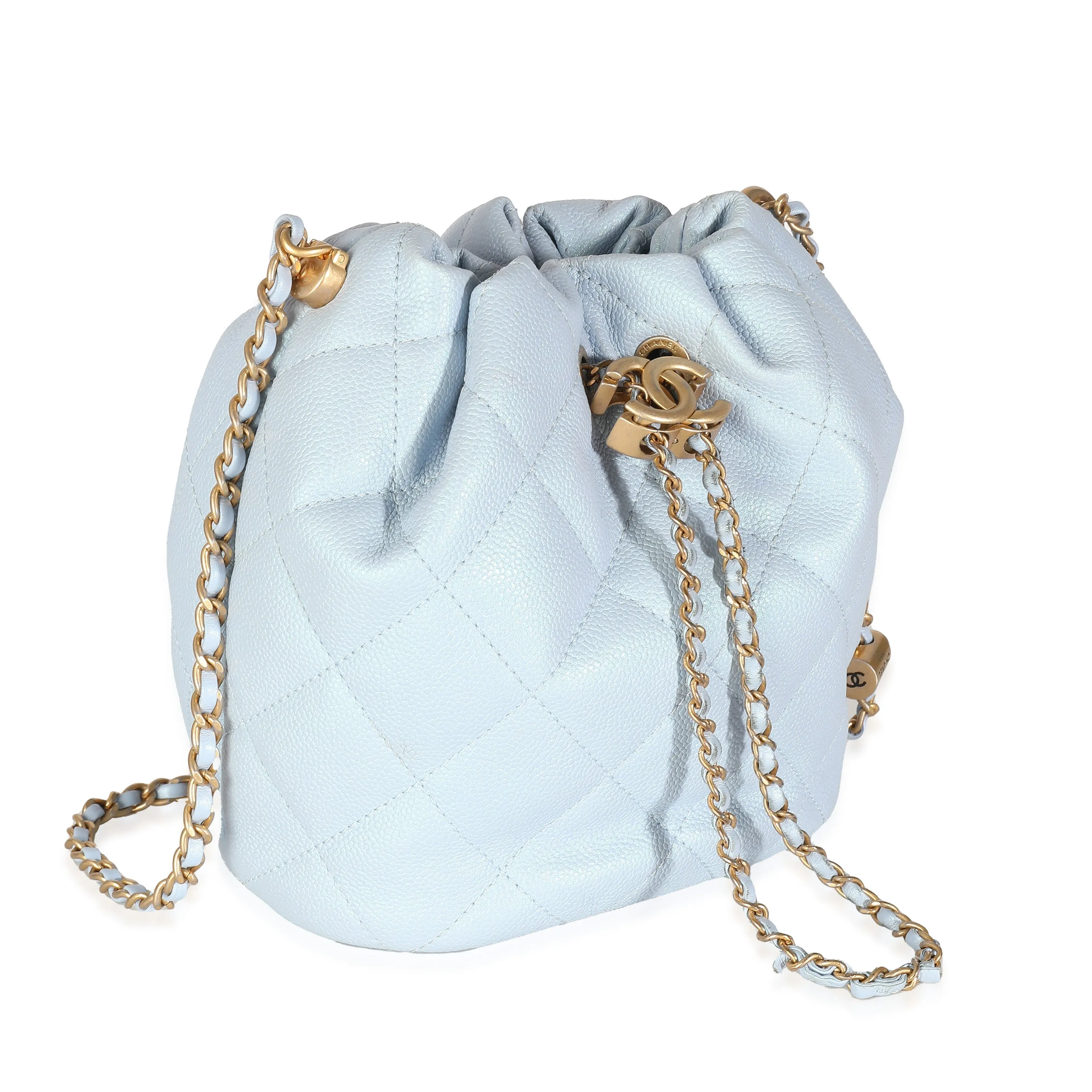 CHANEL Light Blue Iridescent Quilted Caviar My Perfect CC Drawstring Bucket Bag