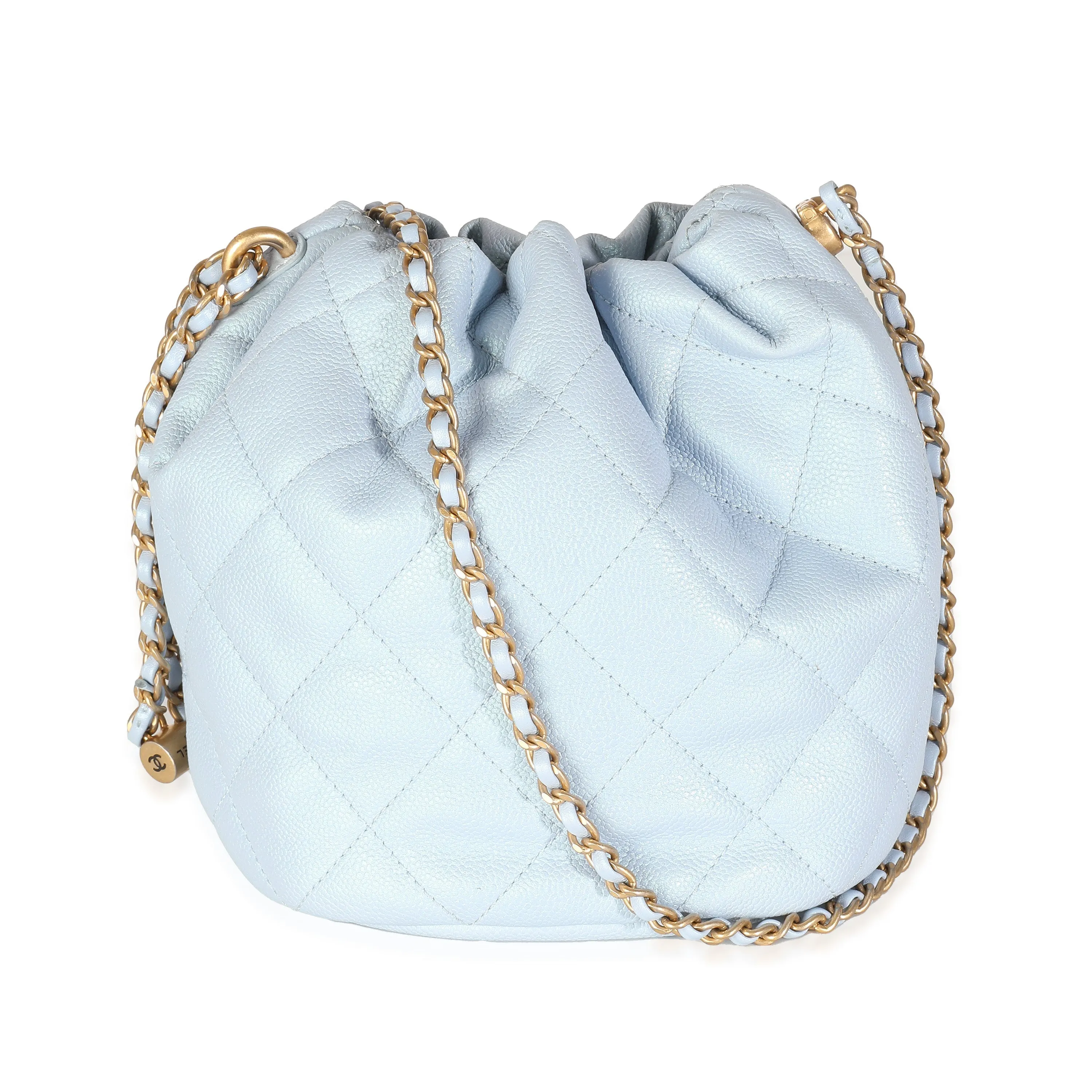 CHANEL Light Blue Iridescent Quilted Caviar My Perfect CC Drawstring Bucket Bag