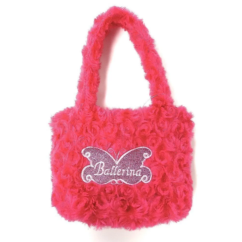 Girls Hot Pink Fuzzy Velvet Glitter Butterfly Ballerina Applique Purse