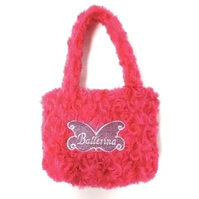 Girls Hot Pink Fuzzy Velvet Glitter Butterfly Ballerina Applique Purse