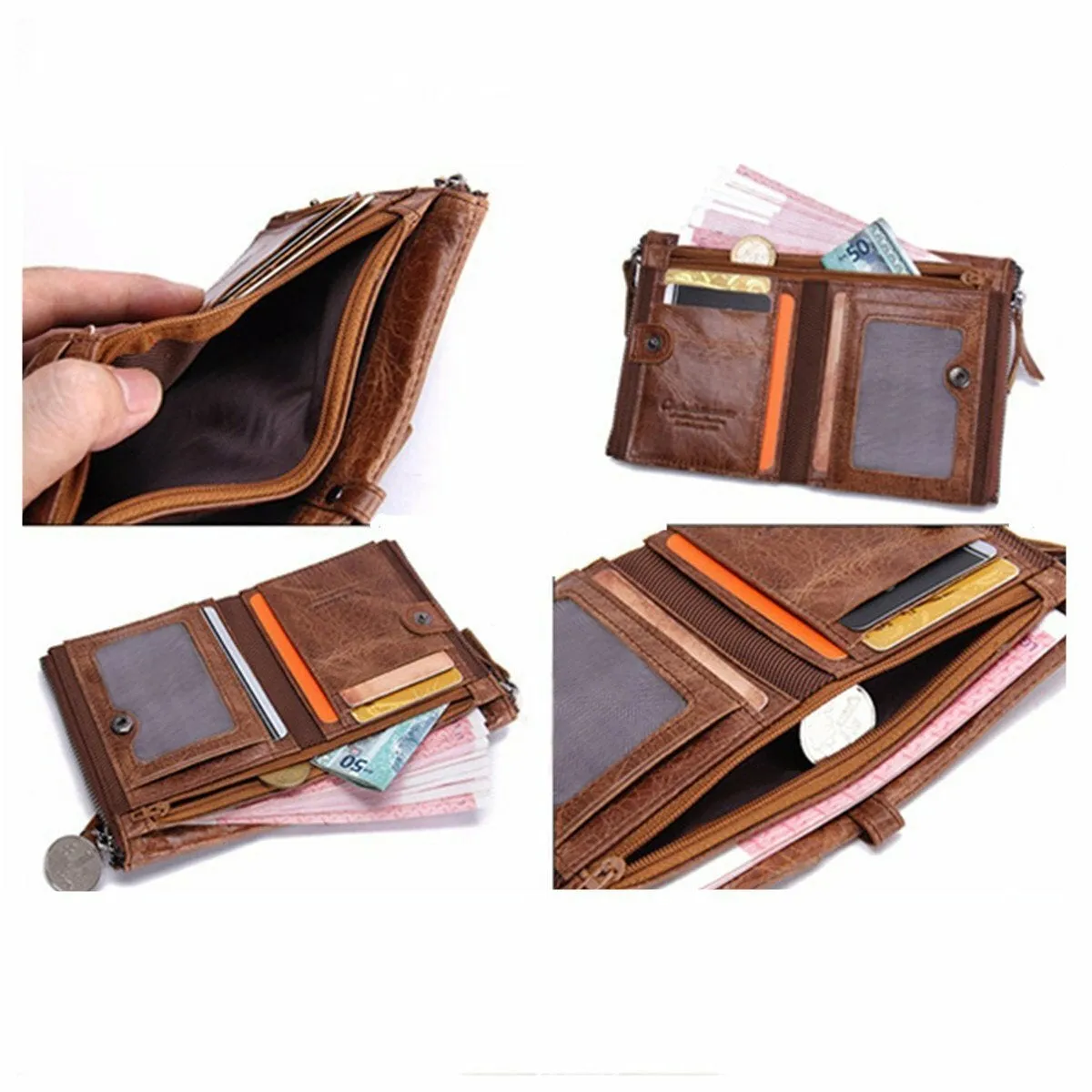 Men Genuine Leather Bifold Hasp Multi-Card Slot Card Holder Retro Double Zipper Pocket Coin Purse Short Money Clip Wallet