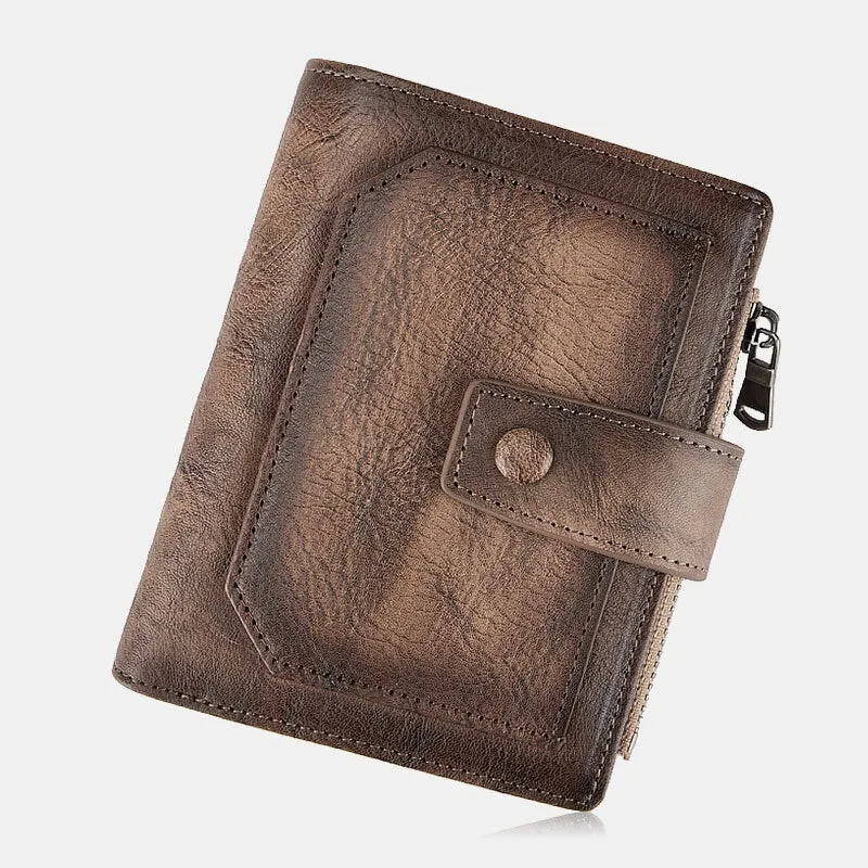 Men Genuine Leather Hand Rubbed Color Short Bifold Large Capacity Money Clip Retro Multi-card Slot Card Case Driver License Wallet