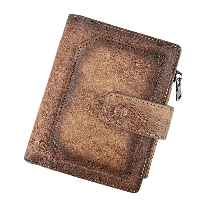 Men Genuine Leather Hand Rubbed Color Short Bifold Large Capacity Money Clip Retro Multi-card Slot Card Case Driver License Wallet