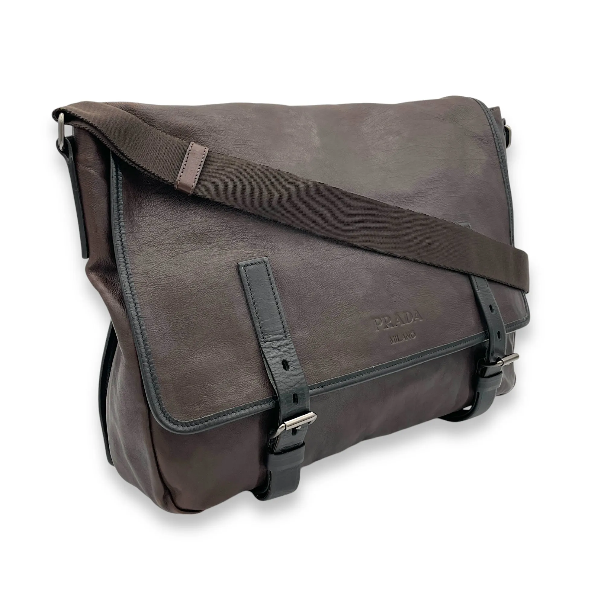 Messenger Brown in Calfskin, Silver hardware