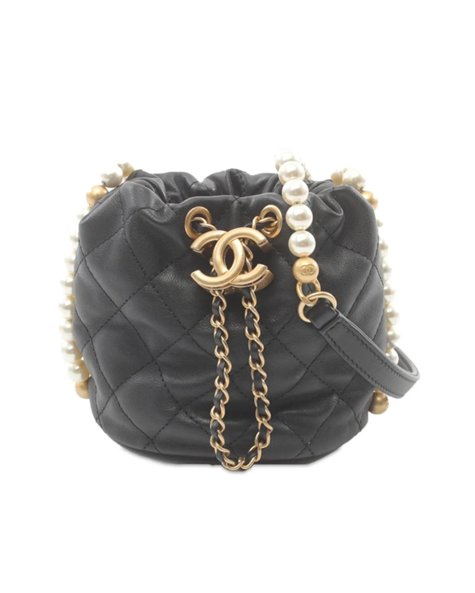 Mini Calfskin Quilted Leather Drawstring Bucket Bag with Faux Pearl Strap