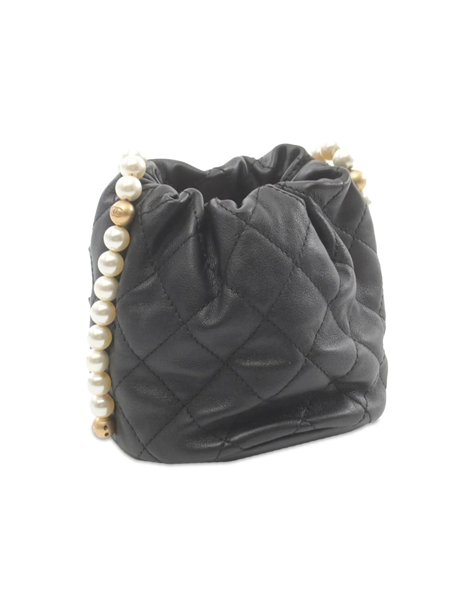 Mini Calfskin Quilted Leather Drawstring Bucket Bag with Faux Pearl Strap