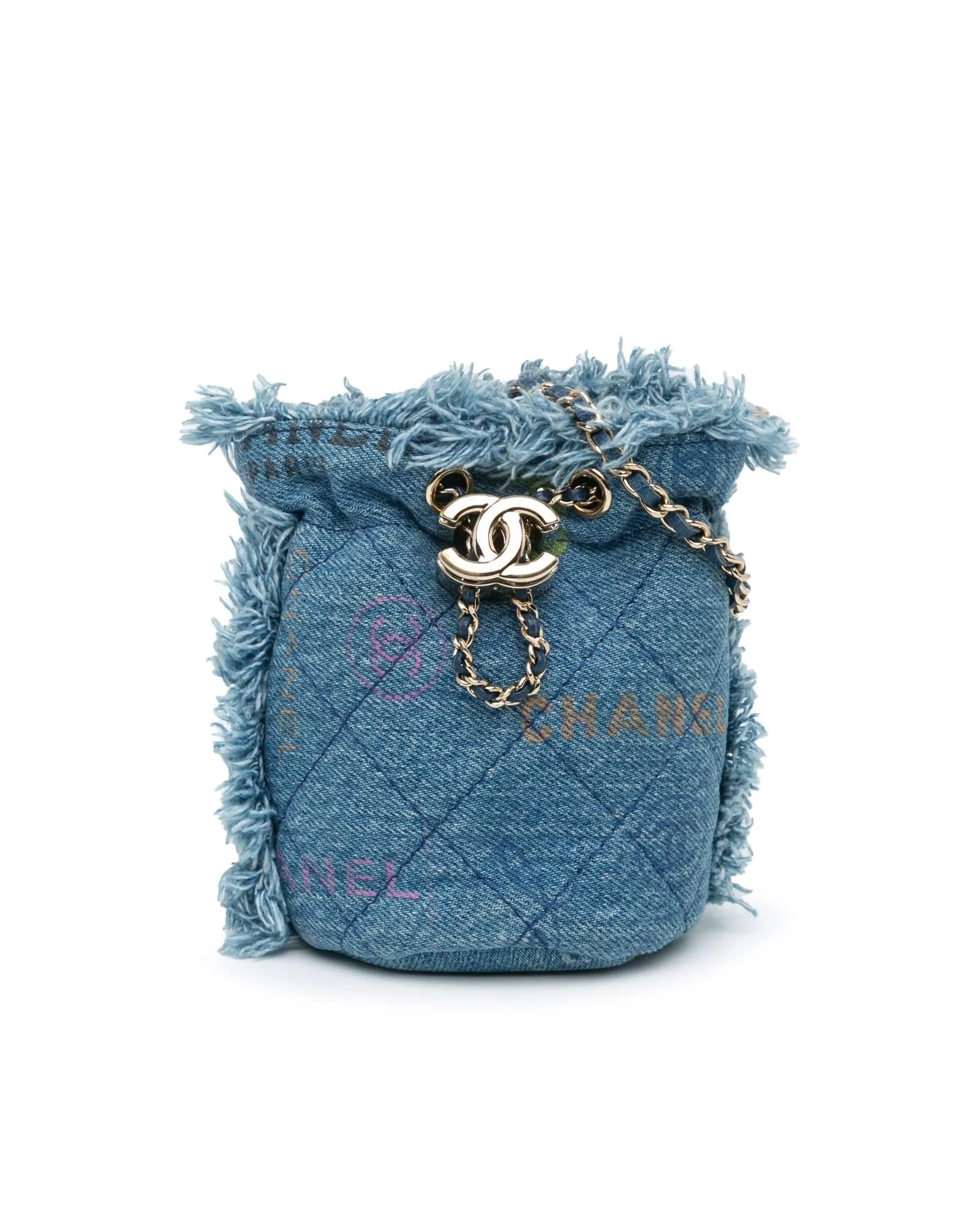 Mini Quilted Denim Bucket Bag with Chain Strap and CC Embellishment