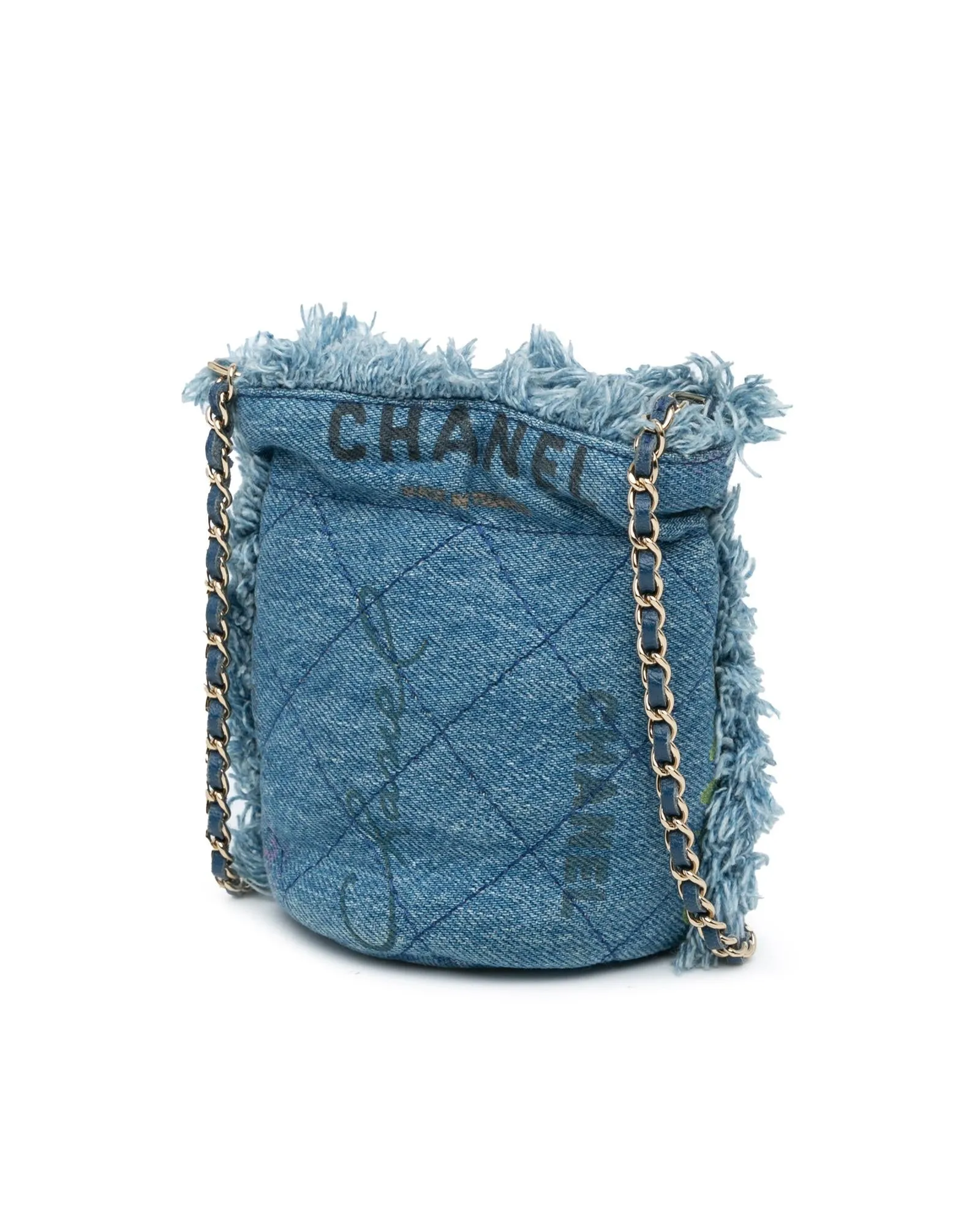 Mini Quilted Denim Bucket Bag with Chain Strap and CC Embellishment