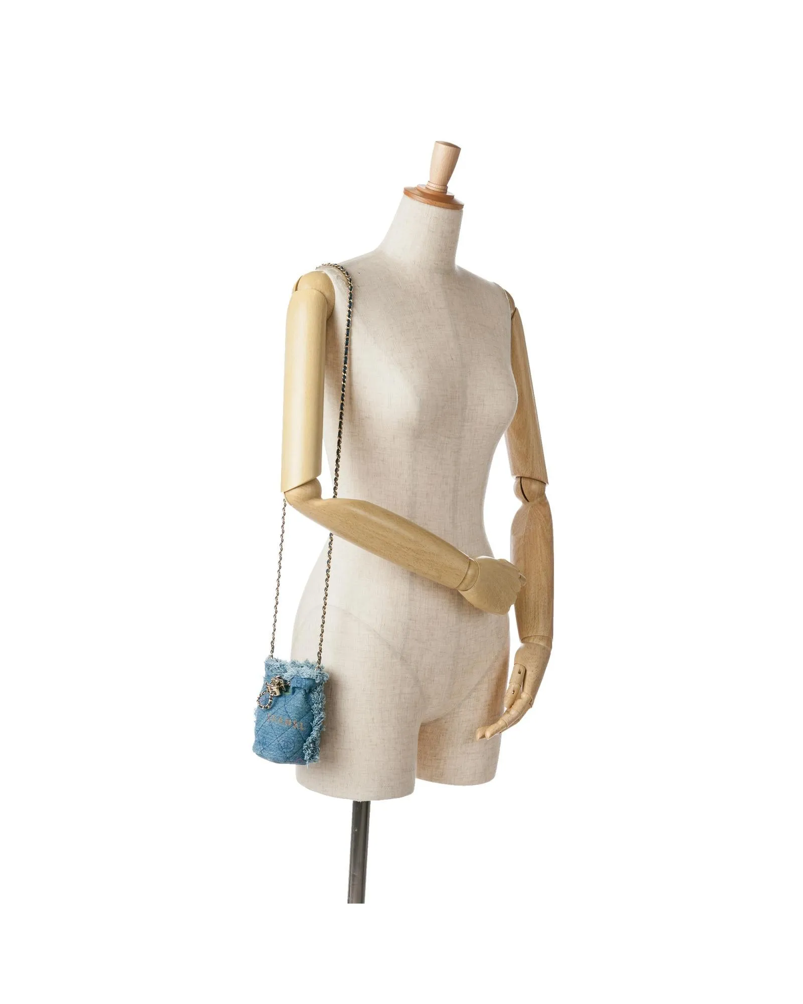 Mini Quilted Denim Bucket Bag with Chain Strap and CC Embellishment