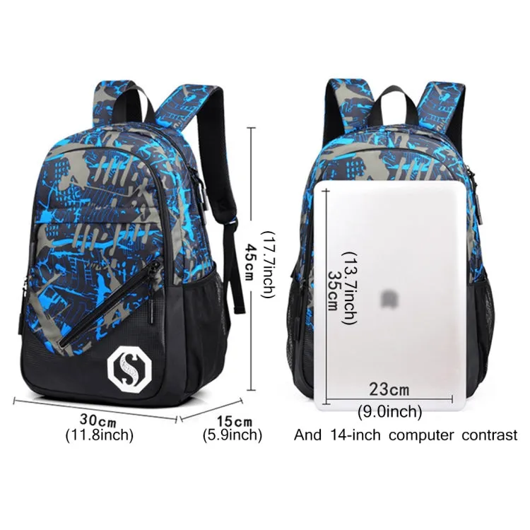 Multi-Function Large Capacity Oxford Cloth Blue Grid Backpack Casual Laptop Computer Bag with External USB Charging Interface & Shoulder Bag & Pen Bag for Men / Women / Student, Size: 45*30*15cm