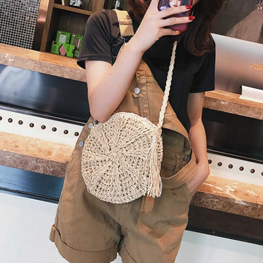 Round Lady Handmade Knitted Woven Rattan Bags Straw Messenger National Handbags