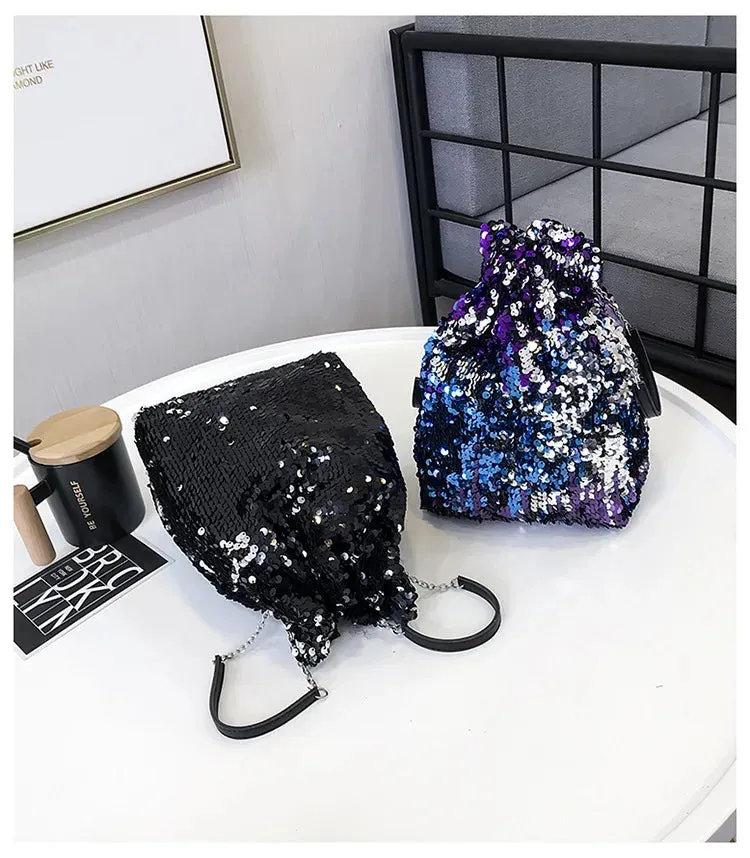 Sohiwoo Women Fashion Reversible Sequin Bucket Bag Lady Luxury Handbag Shiny Crossboy Chain Purse Evening Clutch Shoulder Bag