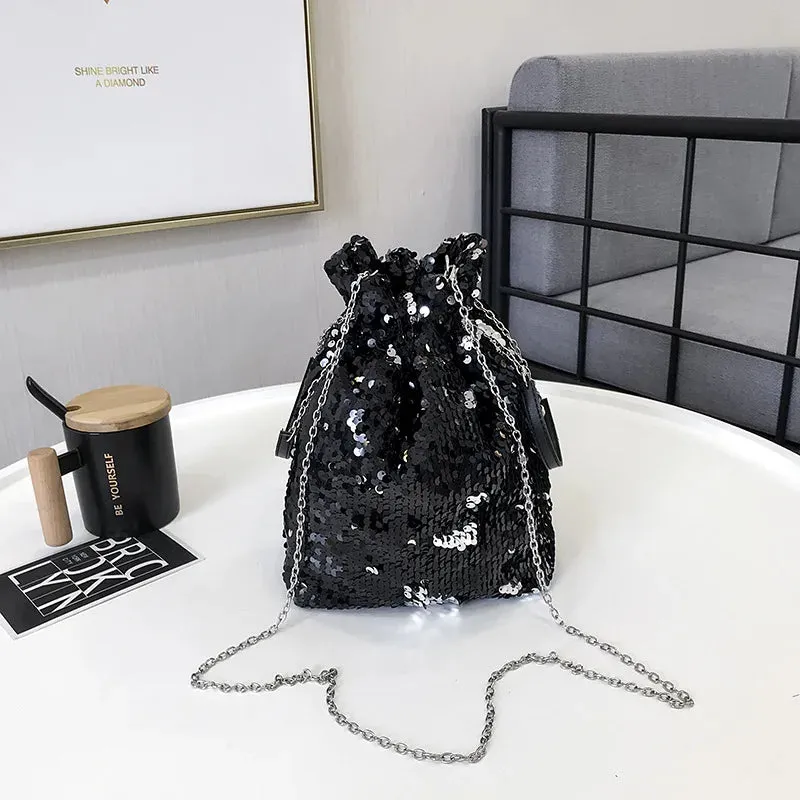 Sohiwoo Women Fashion Reversible Sequin Bucket Bag Lady Luxury Handbag Shiny Crossboy Chain Purse Evening Clutch Shoulder Bag