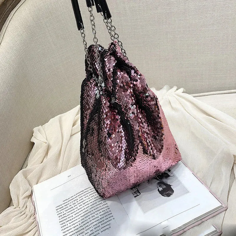 Sohiwoo Women Fashion Reversible Sequin Bucket Bag Lady Luxury Handbag Shiny Crossboy Chain Purse Evening Clutch Shoulder Bag