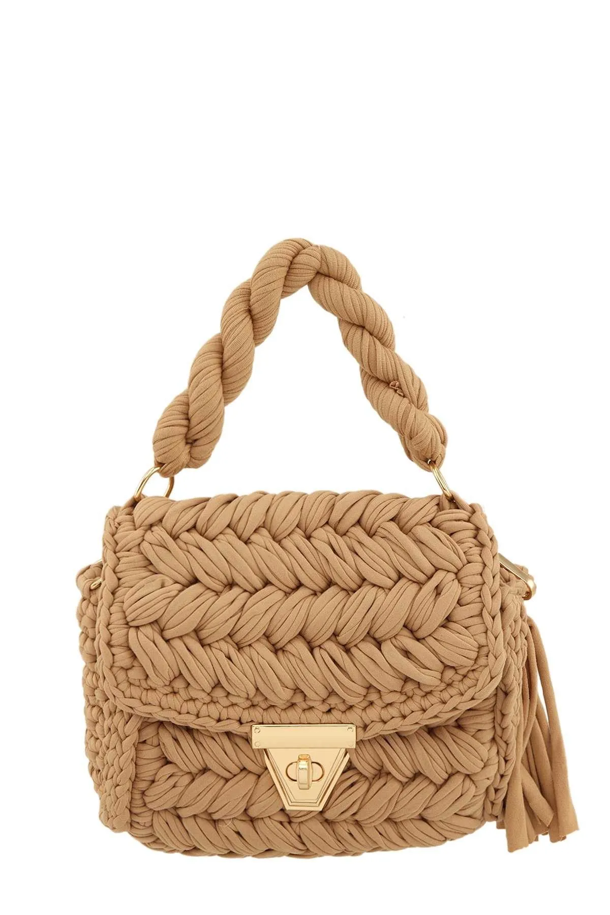 Tan Knitted Handbag with Tassel Charm